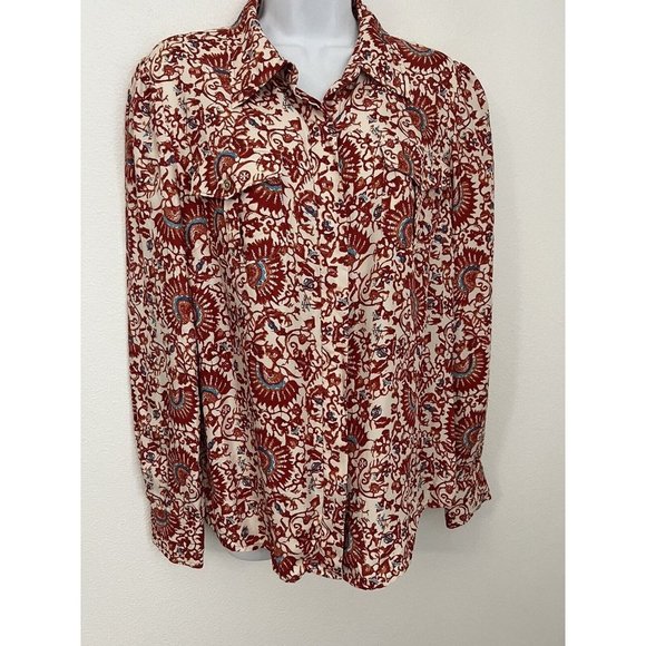Tory Burch 100% Silk Multicolor Print Button Front Long Sleeve Blouse Size 10 - Picture 1 of 9